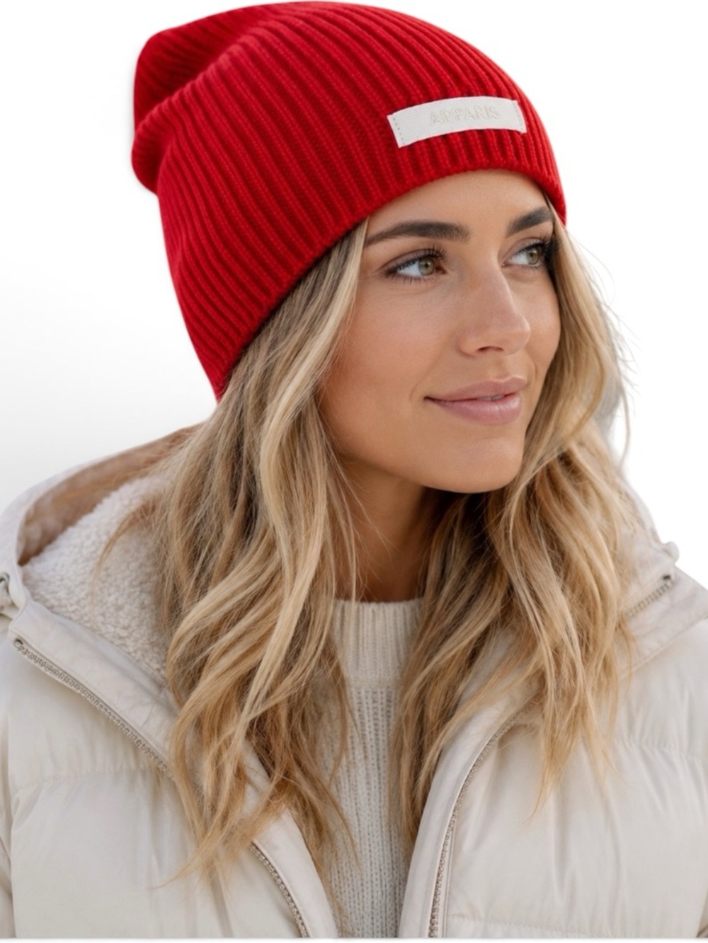 Apparis Cara Ribbed Knit Beanie Rouge Red Logo Patch NWT MSRP $80